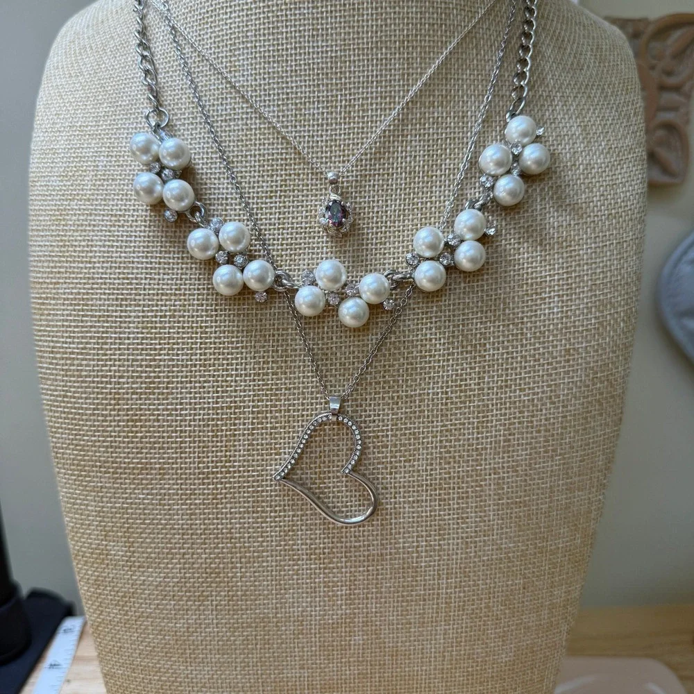 Romantic Pearlcore Y2K‎ Aesthetic Silver Necklace Lot of 3 from Unbranded